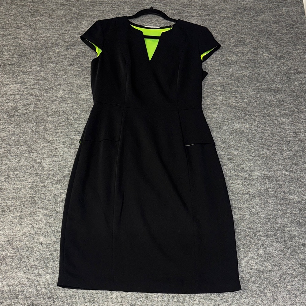 Tahari Black Dress with Neon Green Accents NWT size 8
